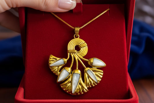 Gold Lotus Flower Pendant, Egyptian Mother of Pearl Necklace