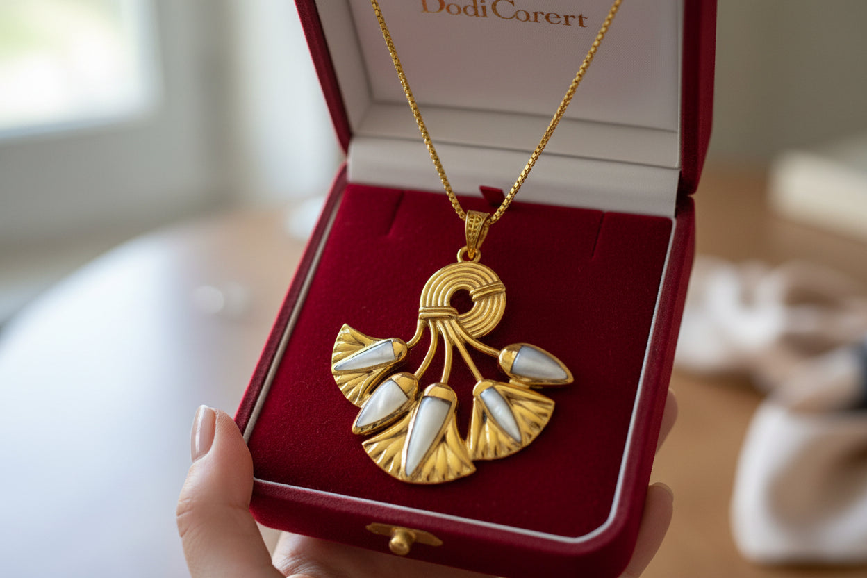 Gold Lotus Flower Pendant, Egyptian Mother of Pearl Necklace