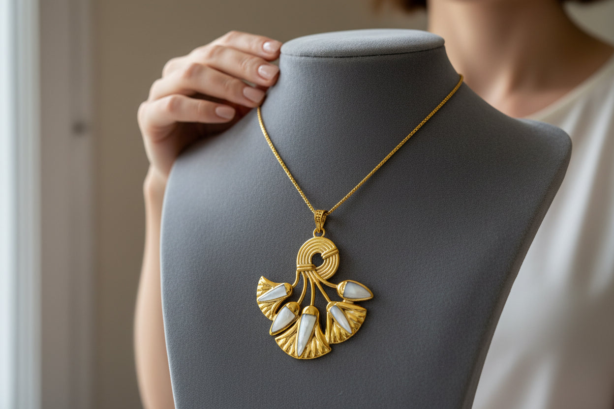 Gold Lotus Flower Pendant, Egyptian Mother of Pearl Necklace