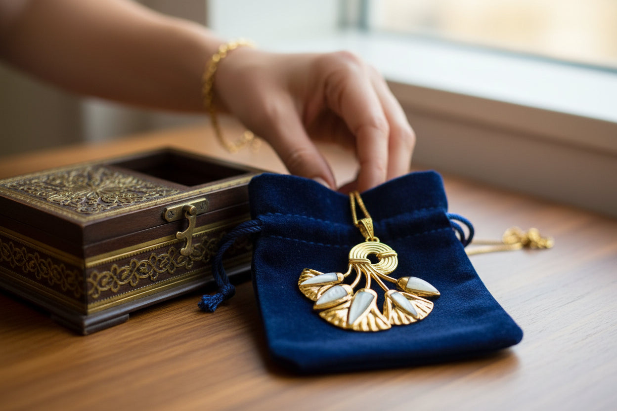 Gold Lotus Flower Pendant, Egyptian Mother of Pearl Necklace