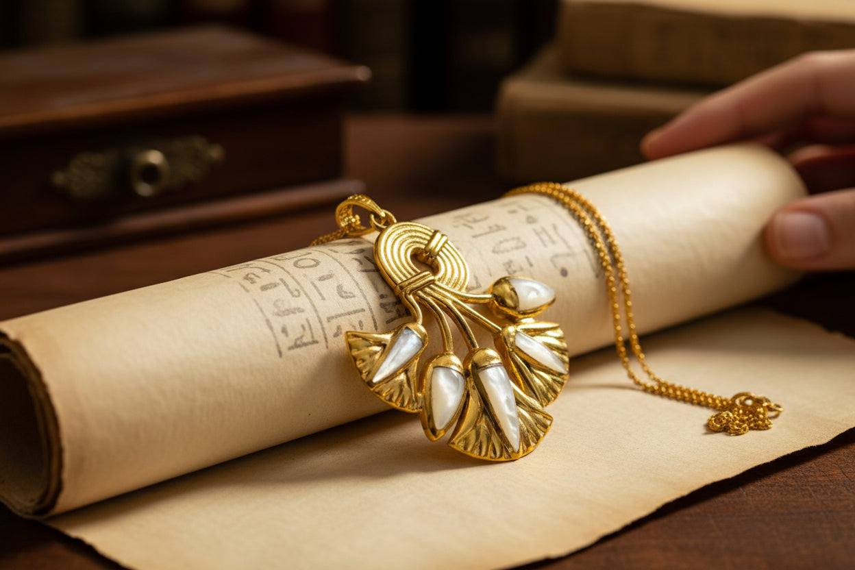 Gold Lotus Flower Pendant, Egyptian Mother of Pearl Necklace