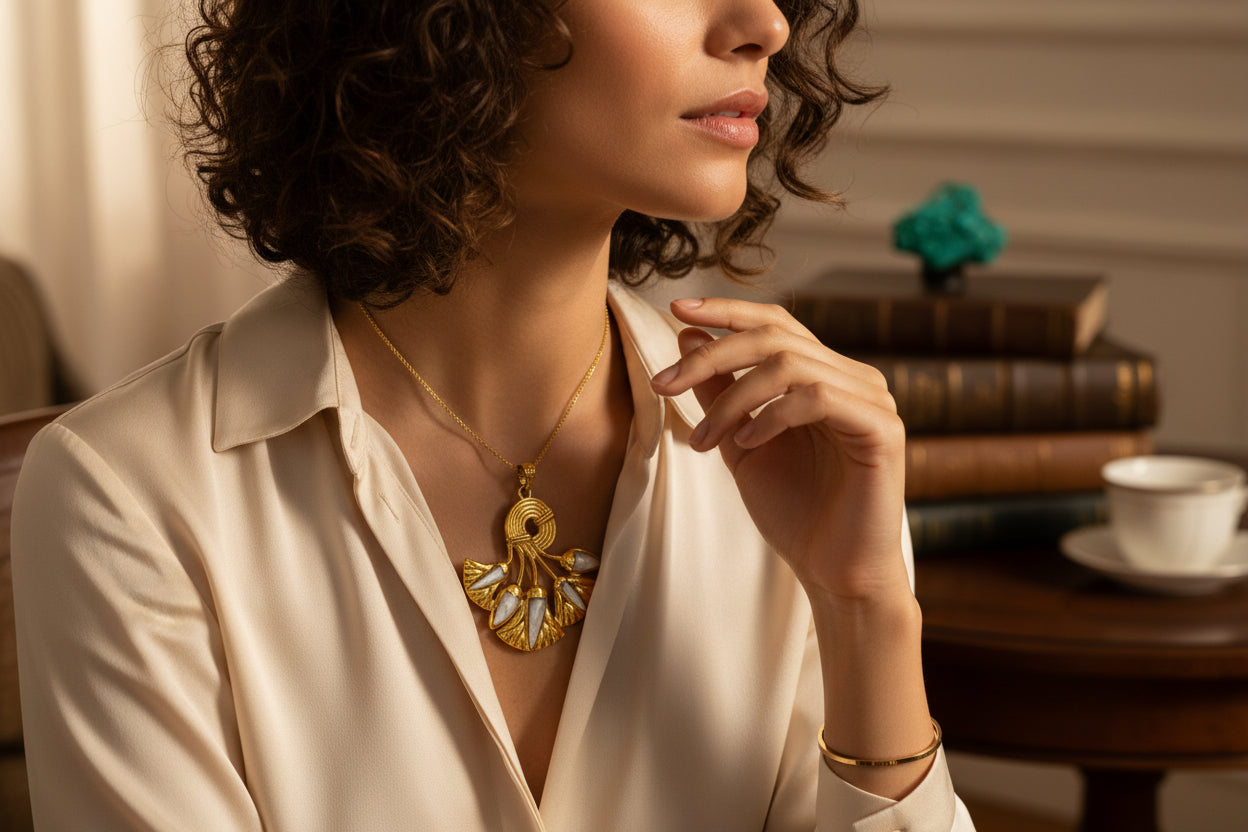 Gold Lotus Flower Pendant, Egyptian Mother of Pearl Necklace