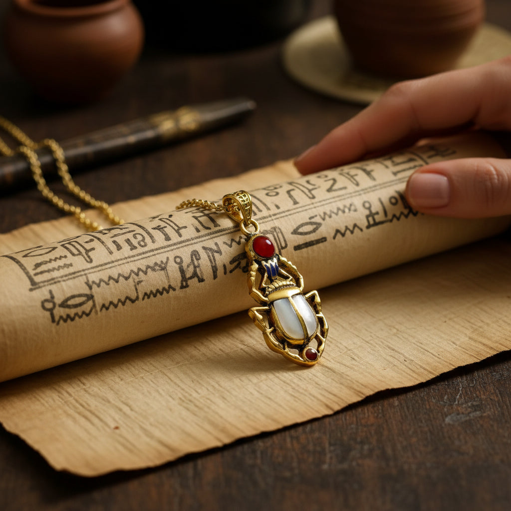 Gold Scarab Mother of Pearl Pendant, Egyptian Revival Necklace