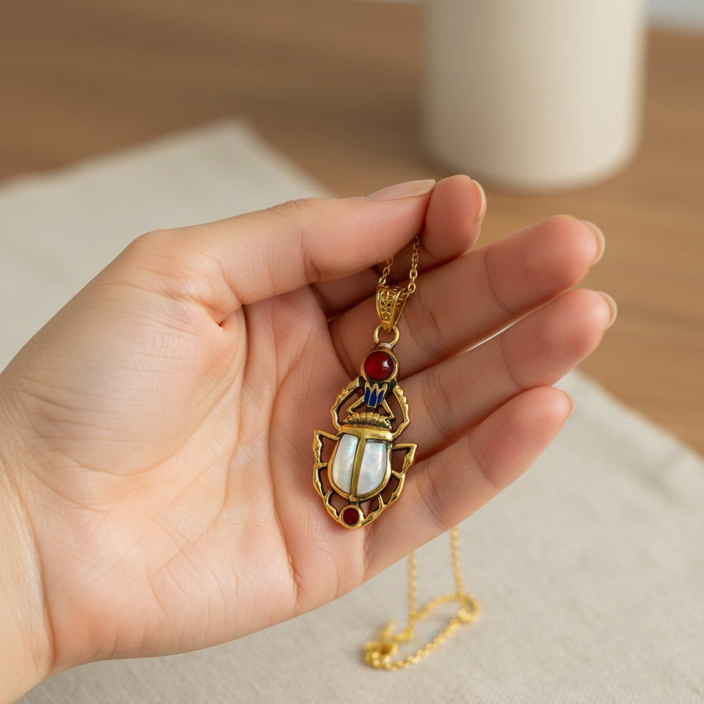 Gold Scarab Mother of Pearl Pendant, Egyptian Revival Necklace