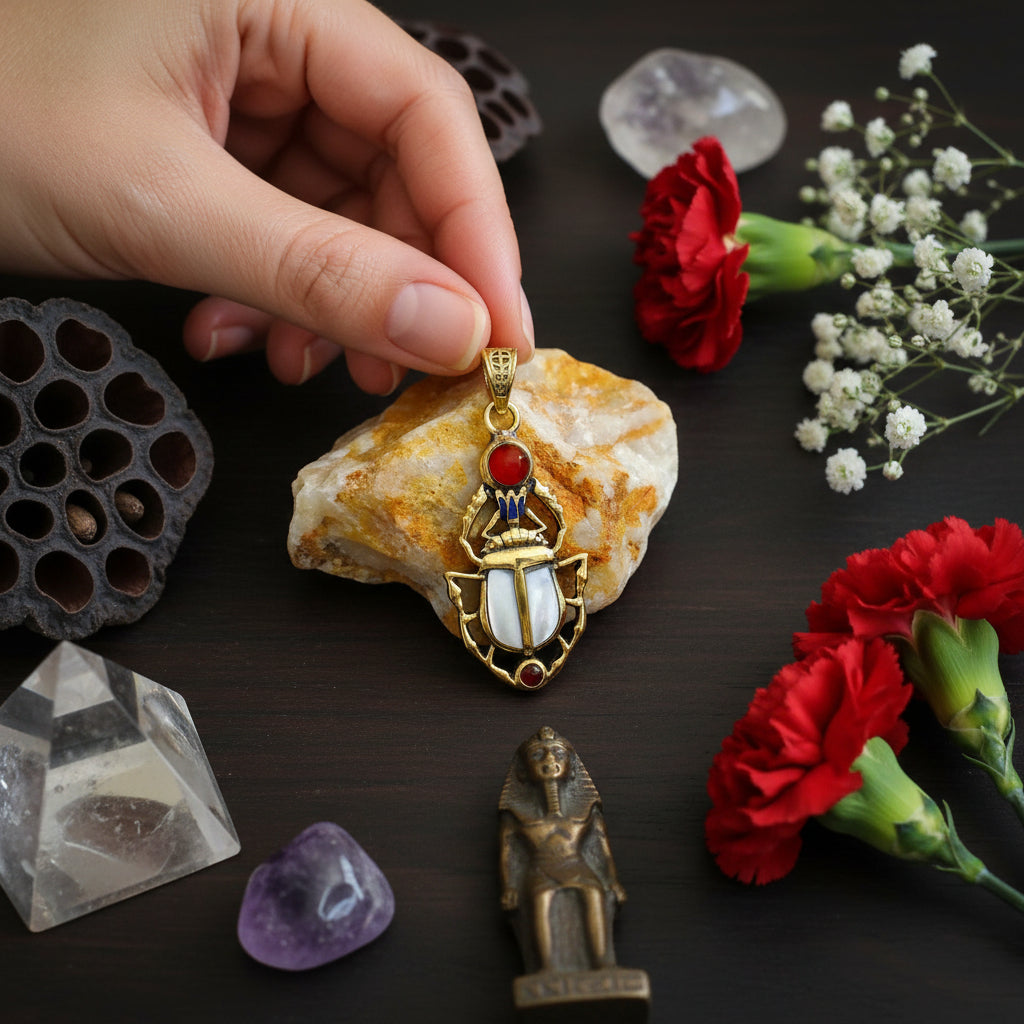 Gold Scarab Mother of Pearl Pendant, Egyptian Revival Necklace