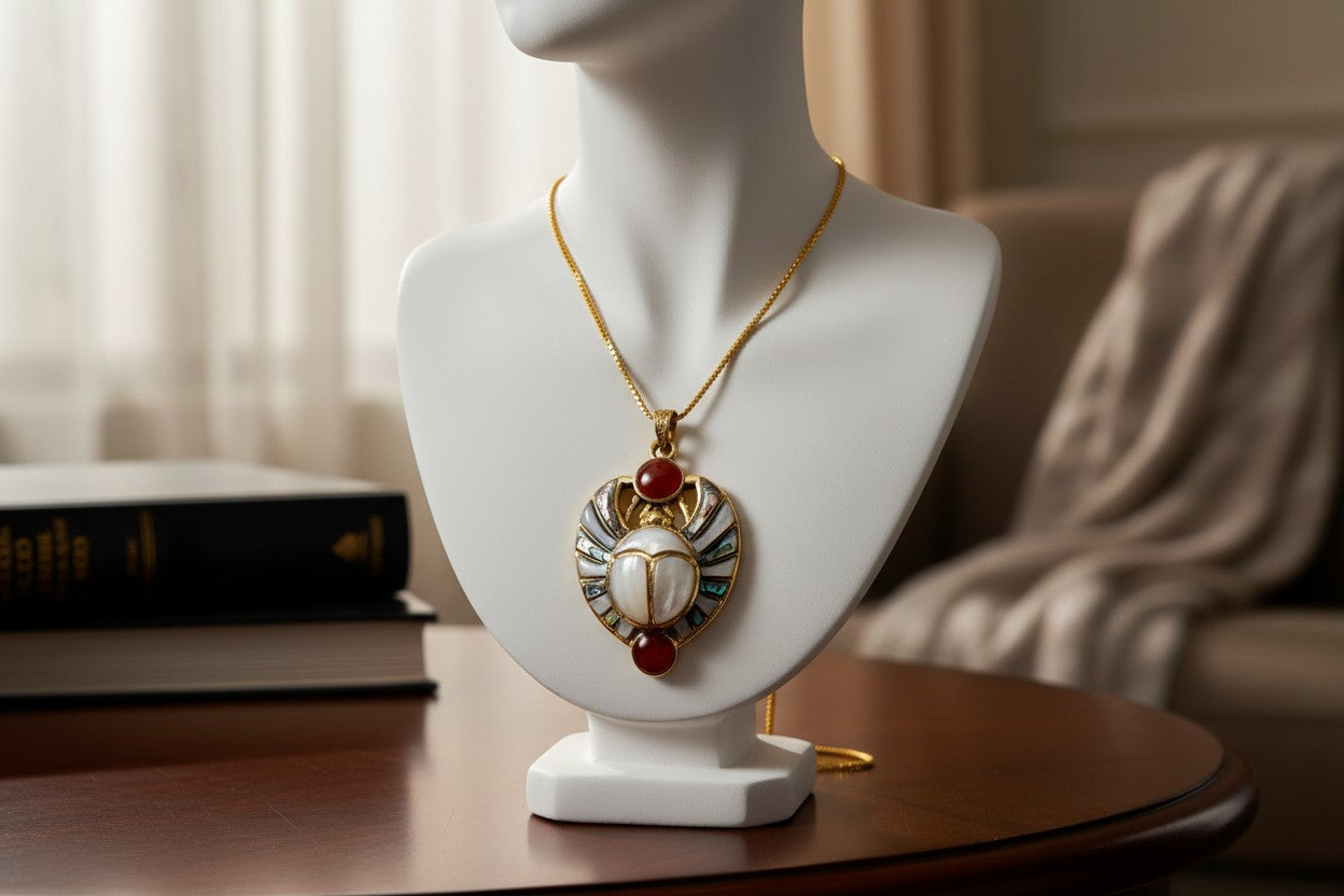 Gold Royal Scarab Pendant Necklace, Mother of Pearl Egyptian Revival Jewelry