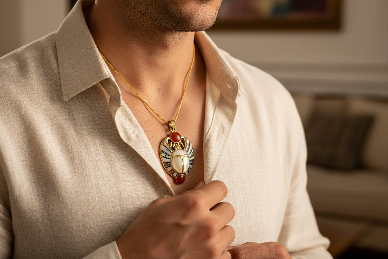 Gold Royal Scarab Pendant Necklace, Mother of Pearl Egyptian Revival Jewelry