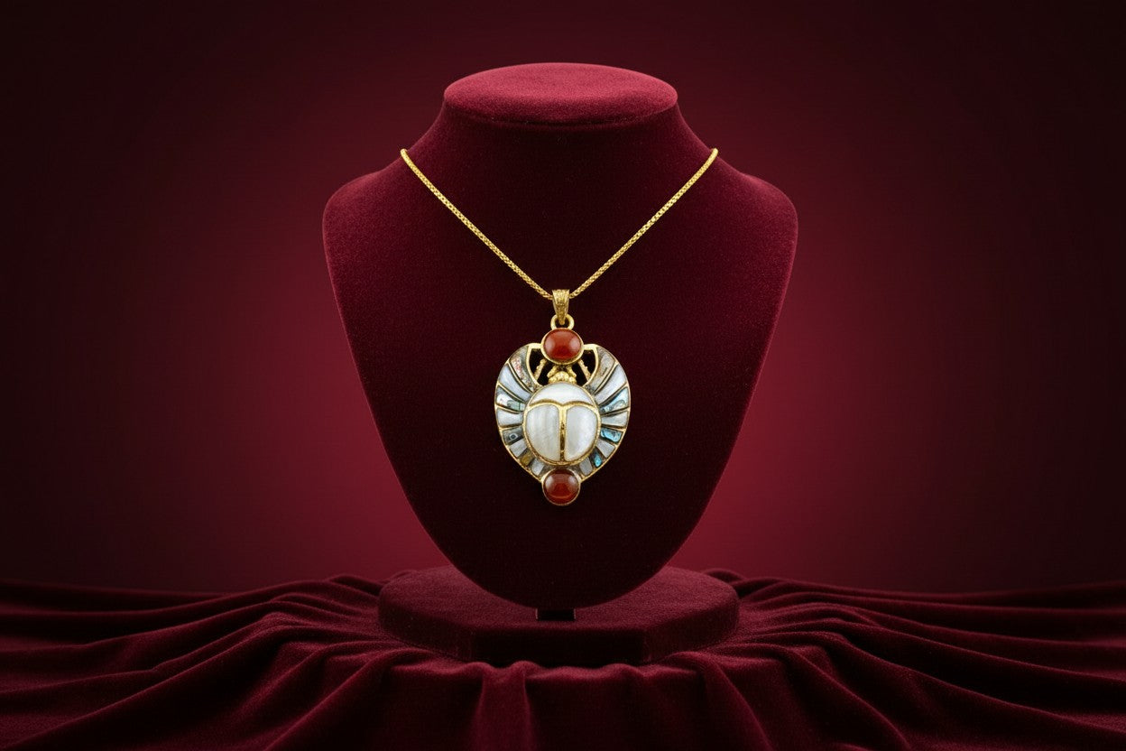 Gold Royal Scarab Pendant Necklace, Mother of Pearl Egyptian Revival Jewelry