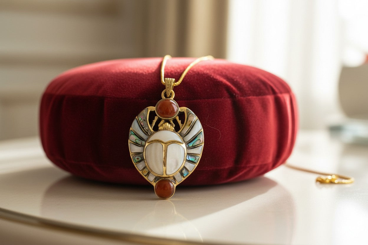 Gold Royal Scarab Pendant Necklace, Mother of Pearl Egyptian Revival Jewelry
