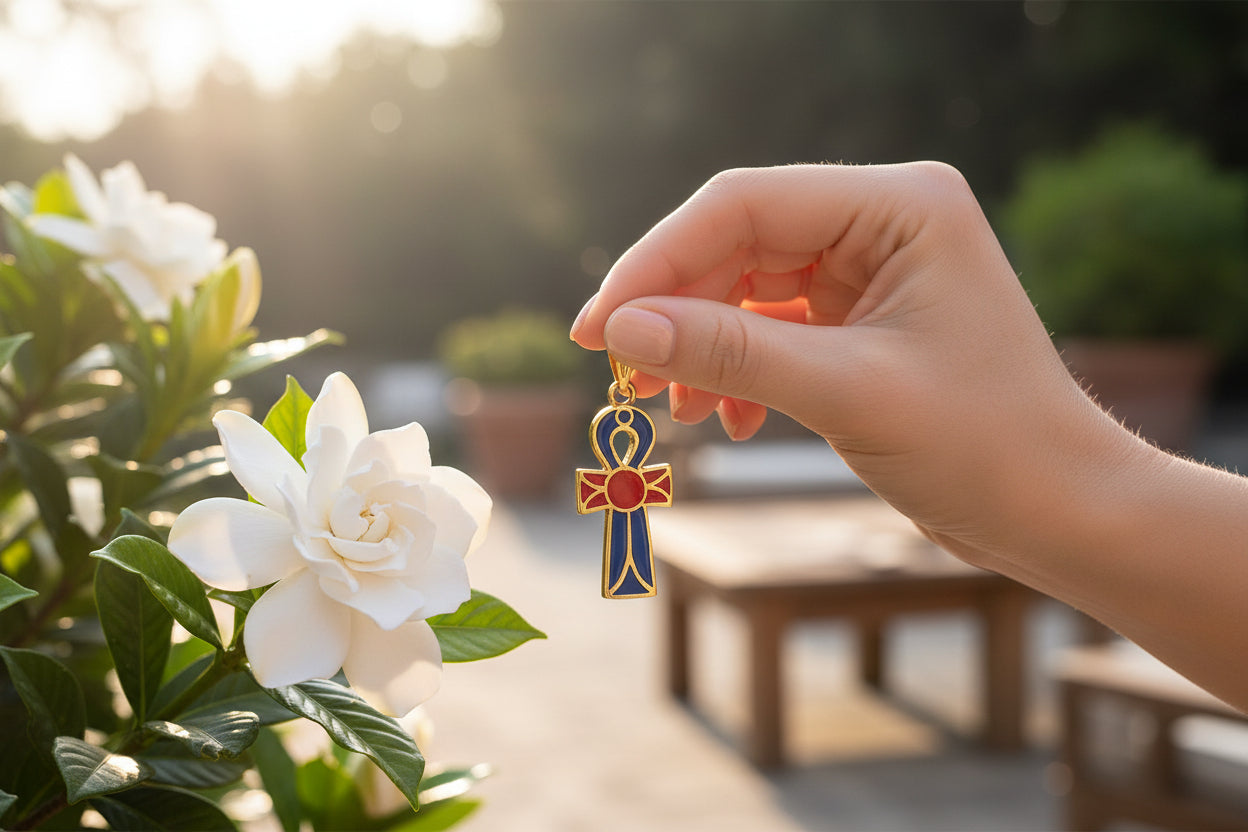 Gold Enamel Ankh Pendant, Egyptian Key of Life Talisman