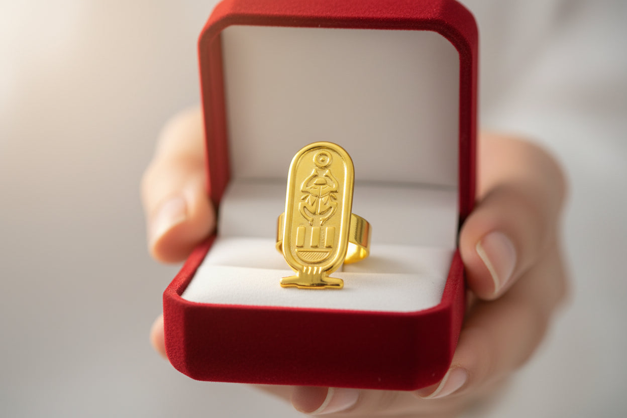 Adjustable Gold Cartouche Ring, Egyptian Revival Jewelry
