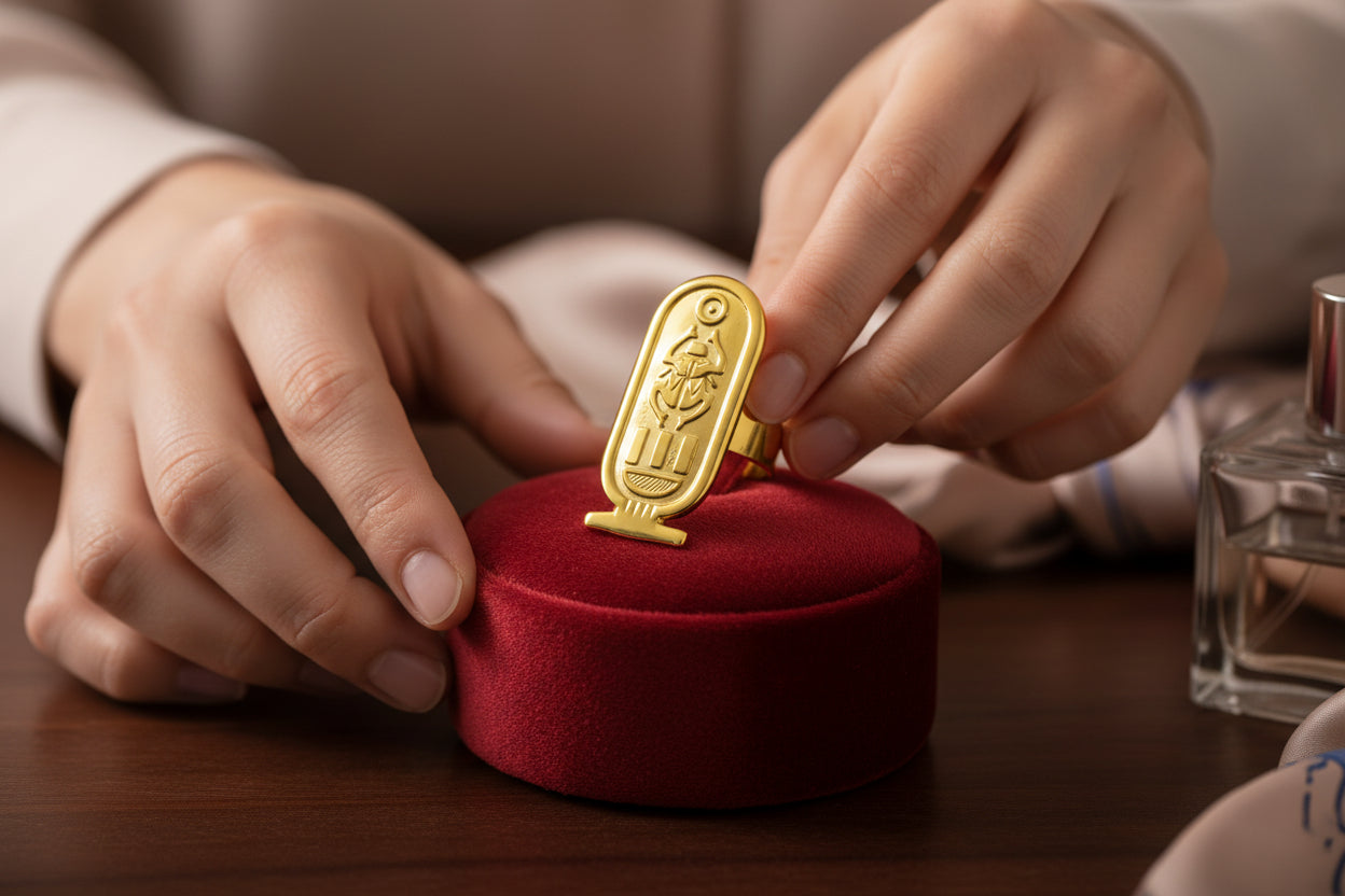 Adjustable Gold Cartouche Ring, Egyptian Revival Jewelry