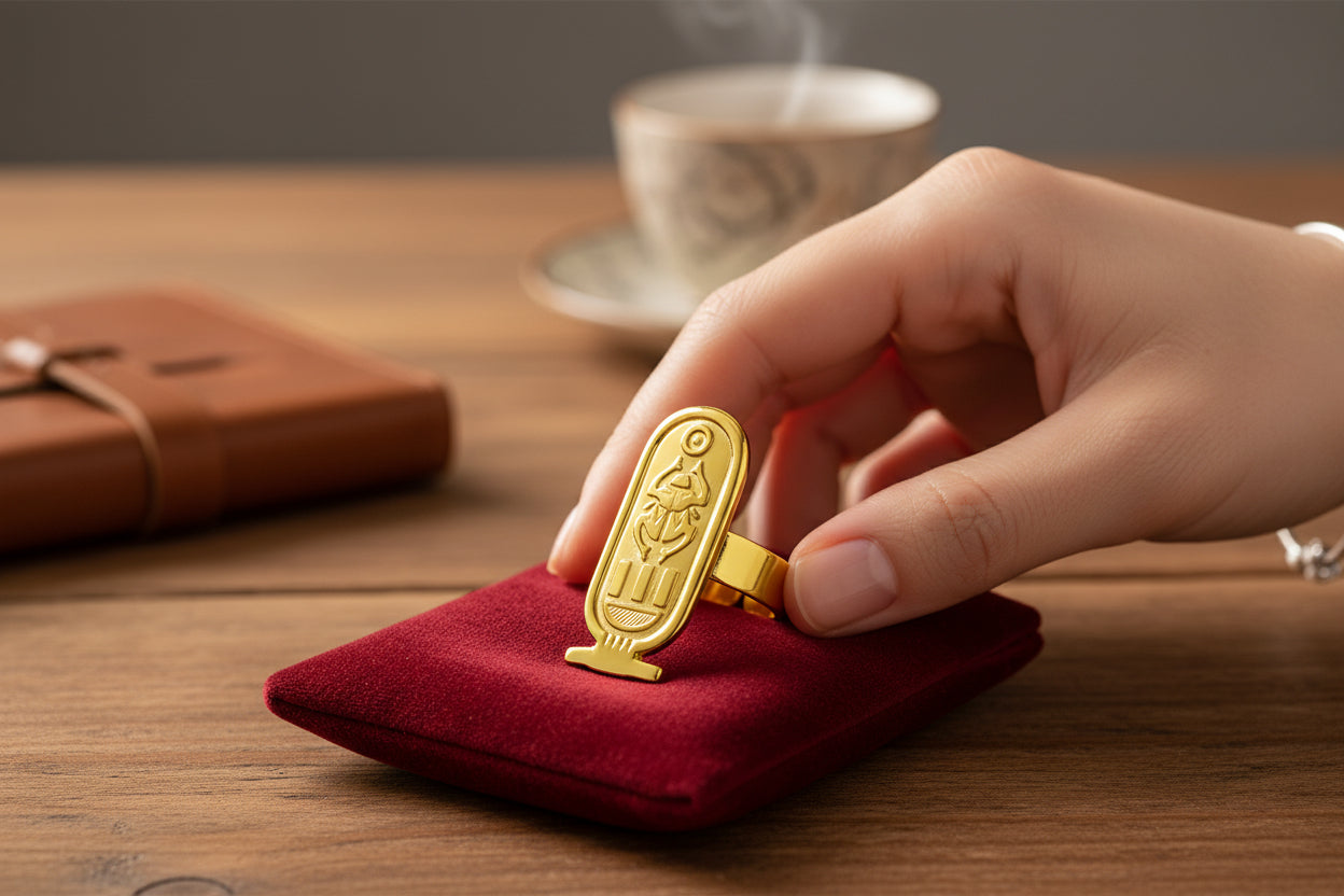 Adjustable Gold Cartouche Ring, Egyptian Revival Jewelry