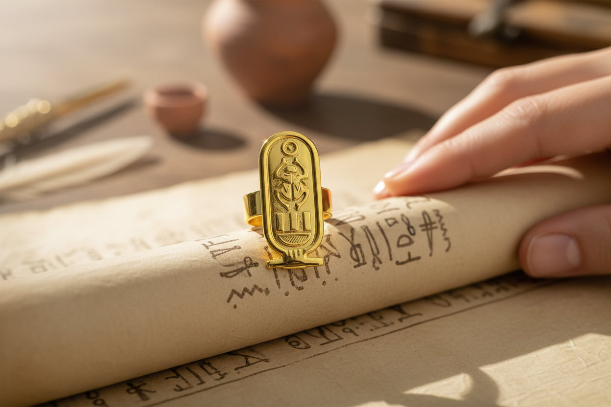 Adjustable Gold Cartouche Ring, Egyptian Revival Jewelry