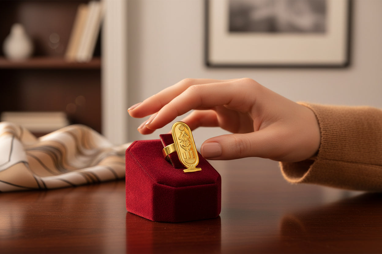 Adjustable Gold Cartouche Ring, Egyptian Revival Jewelry