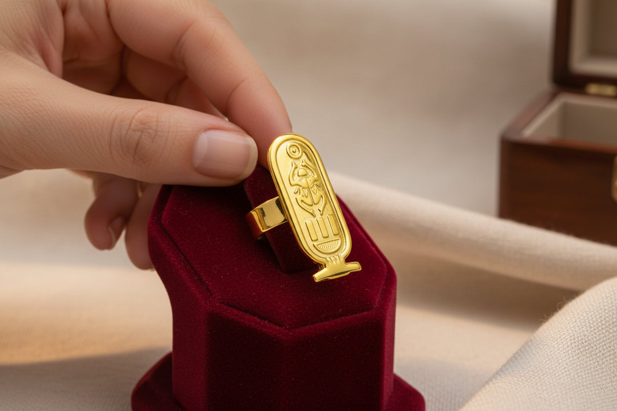 Adjustable Gold Cartouche Ring, Egyptian Revival Jewelry