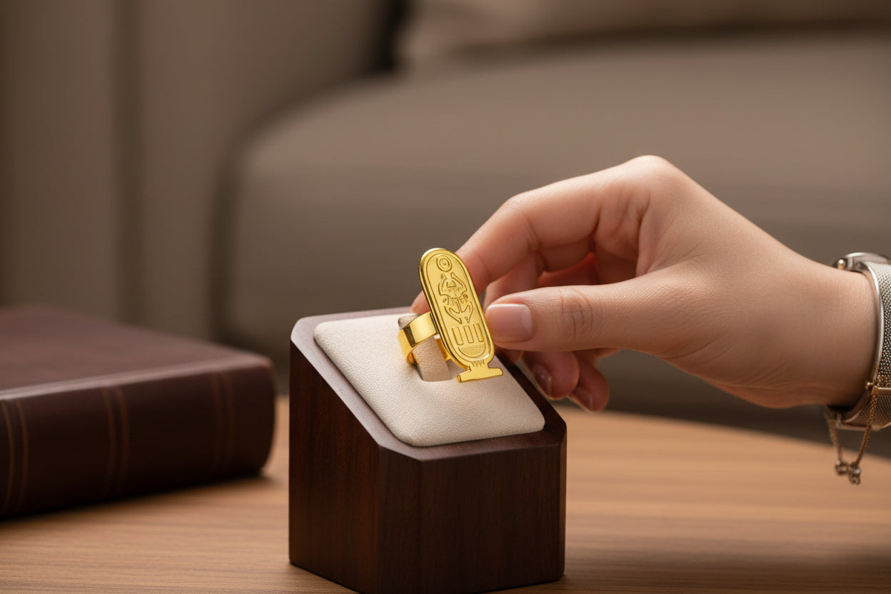 Adjustable Gold Cartouche Ring, Egyptian Revival Jewelry