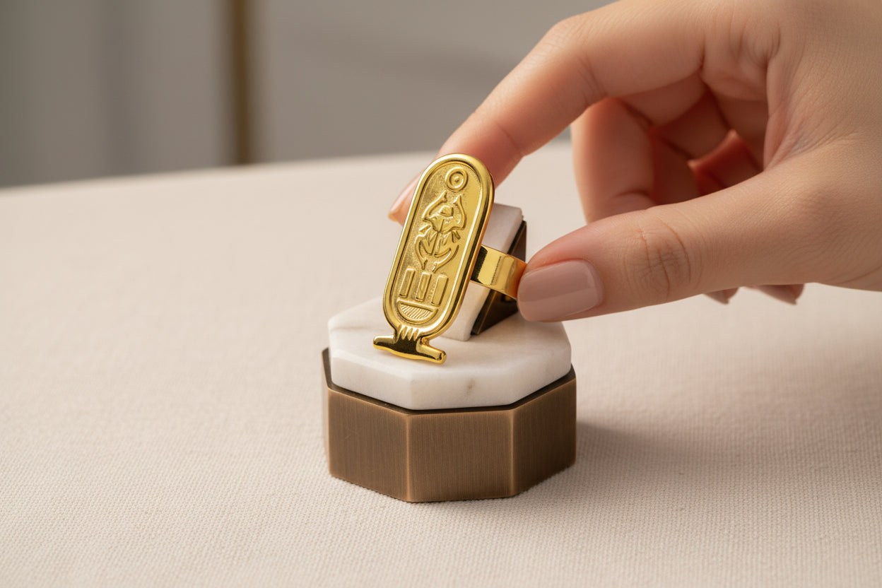 Adjustable Gold Cartouche Ring, Egyptian Revival Jewelry