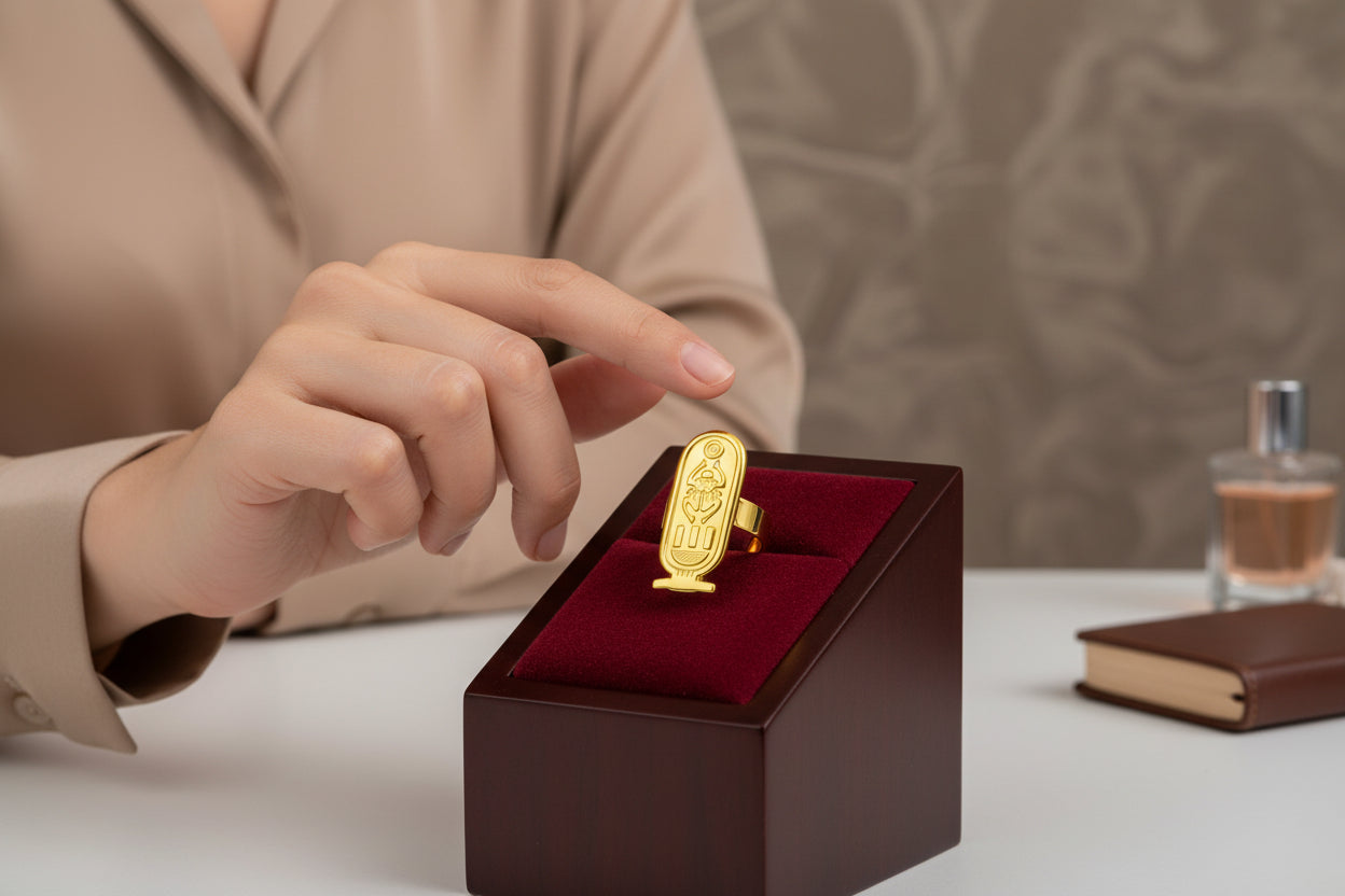 Adjustable Gold Cartouche Ring, Egyptian Revival Jewelry