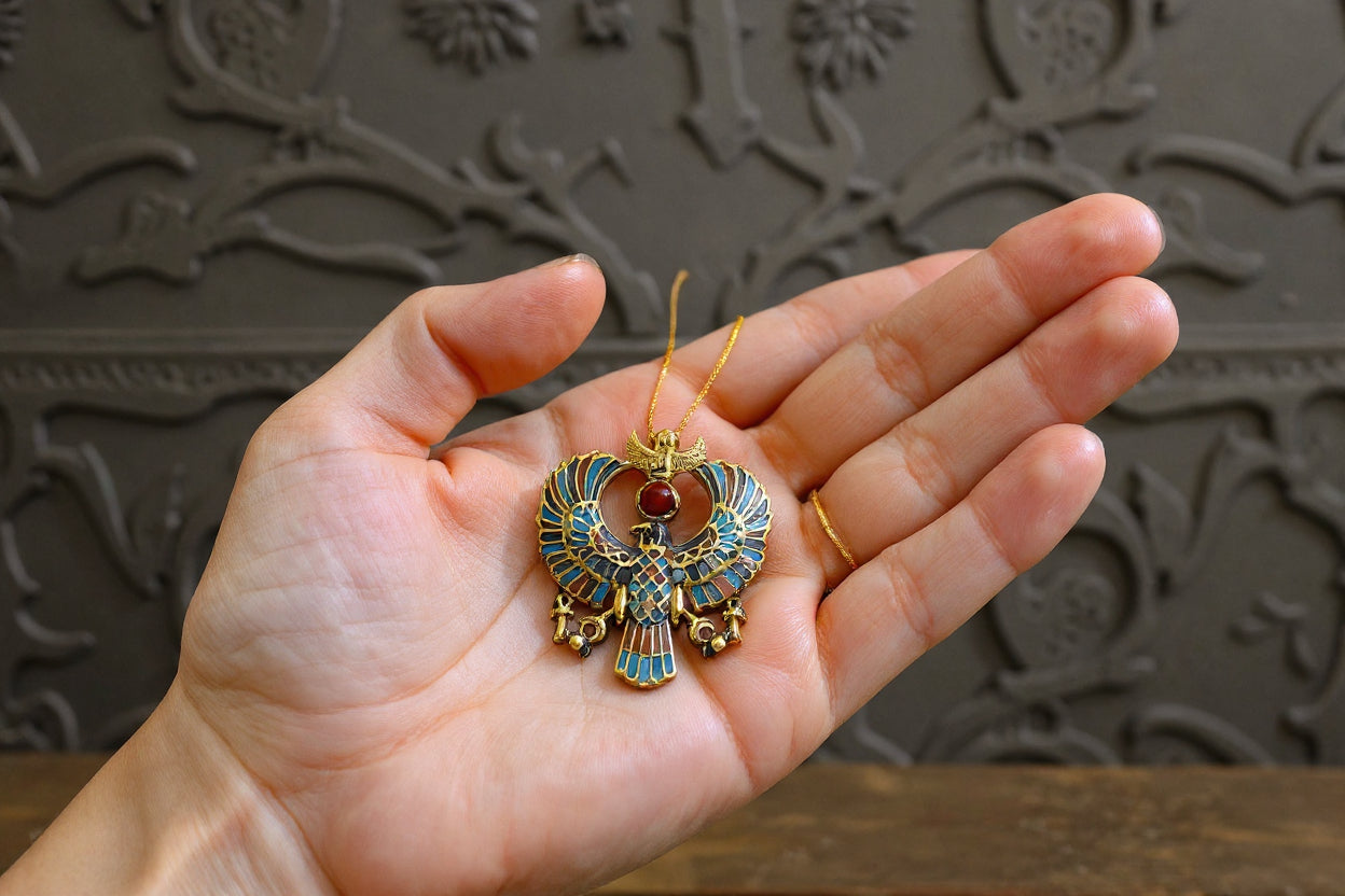 Gold God Horus Large Enamel Pendant, Egyptian Revival Talisman Necklace