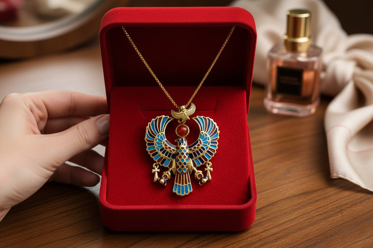 Gold God Horus Large Enamel Pendant, Egyptian Revival Talisman Necklace