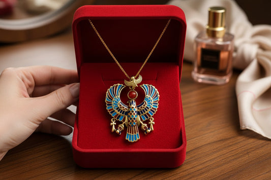 Gold God Horus Large Enamel Pendant, Egyptian Revival Talisman Necklace