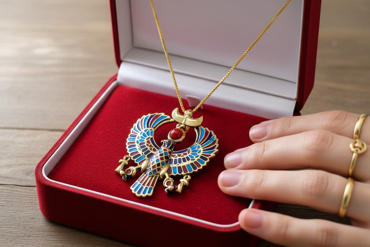 Gold God Horus Large Enamel Pendant, Egyptian Revival Talisman Necklace