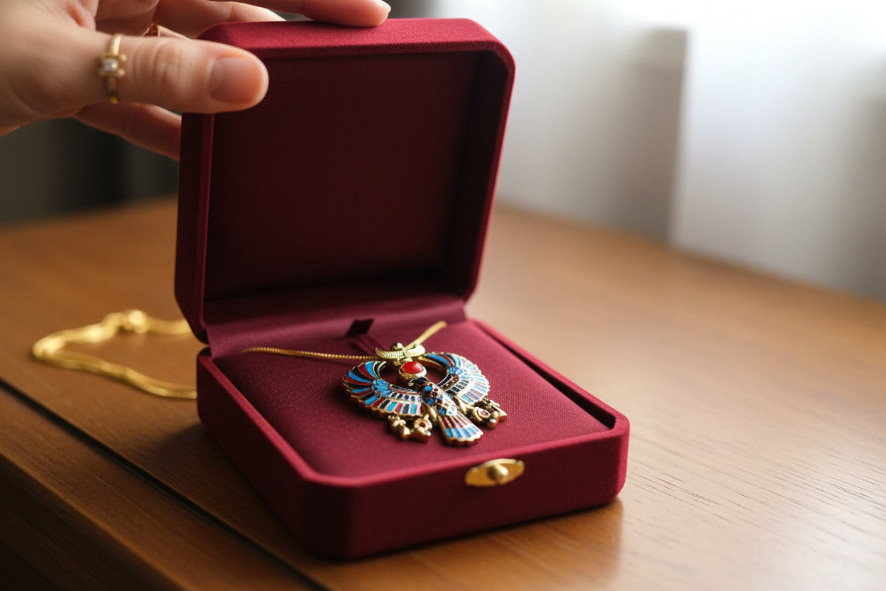 Gold God Horus Large Enamel Pendant, Egyptian Revival Talisman Necklace