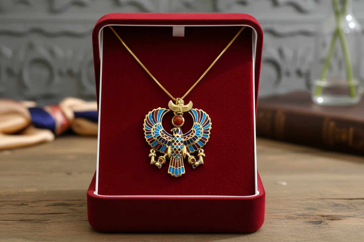 Gold God Horus Large Enamel Pendant, Egyptian Revival Talisman Necklace