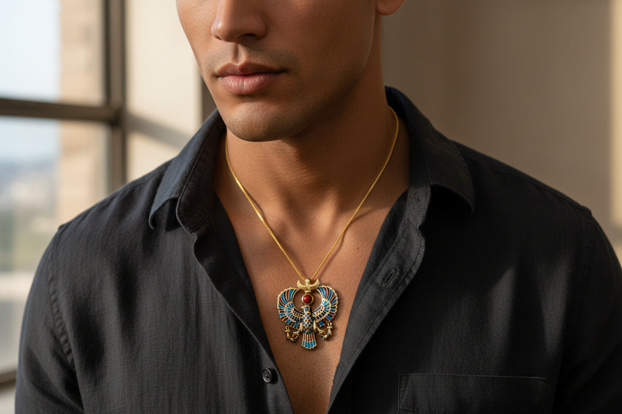Gold God Horus Large Enamel Pendant, Egyptian Revival Talisman Necklace