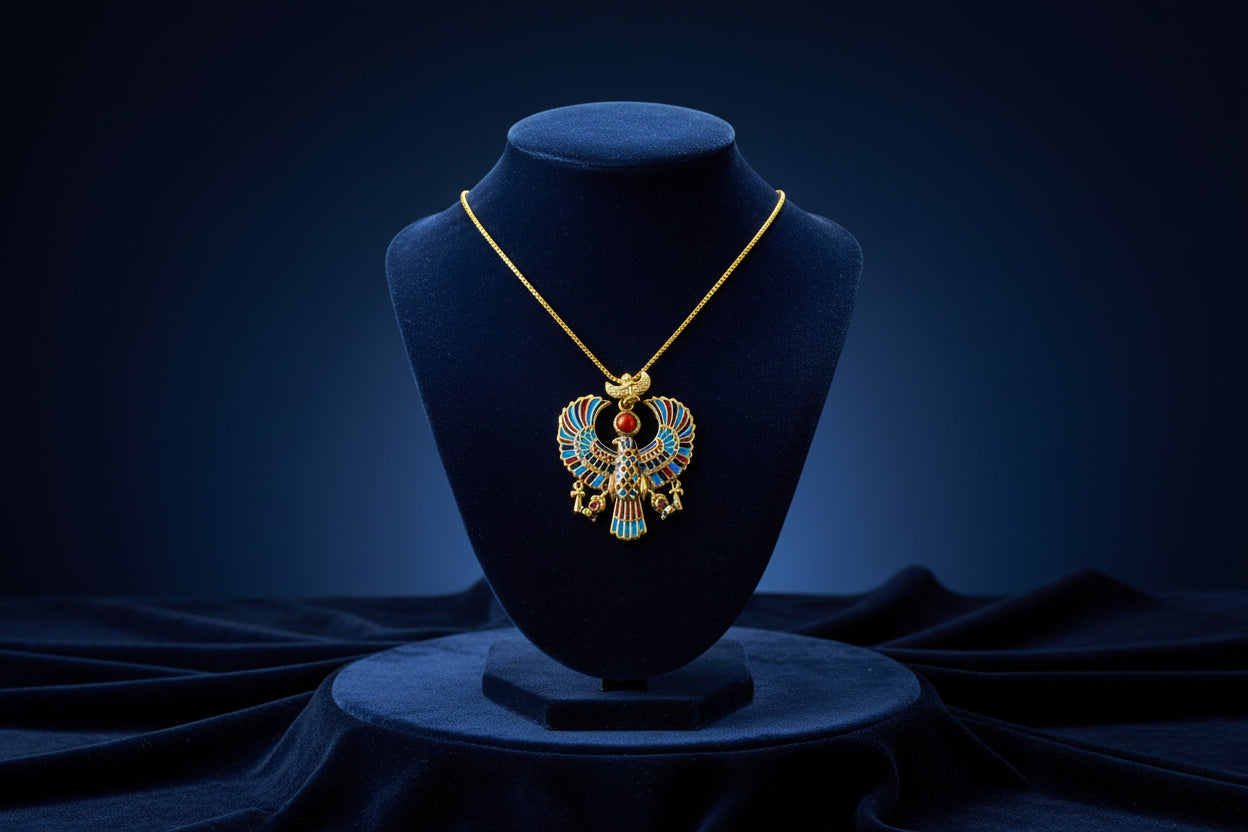 Gold God Horus Large Enamel Pendant, Egyptian Revival Talisman Necklace