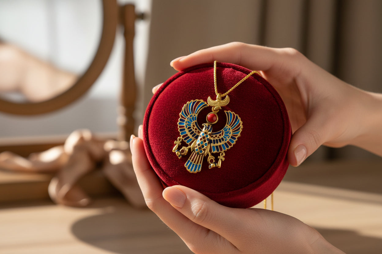 Gold God Horus Large Enamel Pendant, Egyptian Revival Talisman Necklace