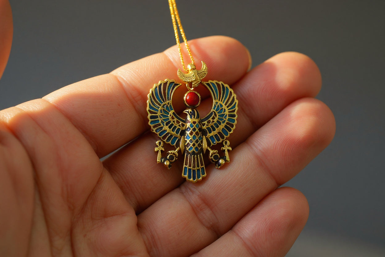 Gold God Horus Large Enamel Pendant, Egyptian Revival Talisman Necklace