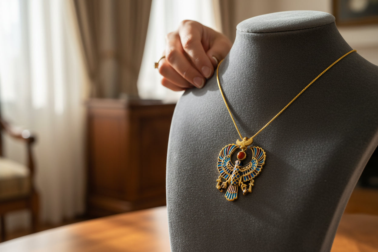 Gold God Horus Large Enamel Pendant, Egyptian Revival Talisman Necklace