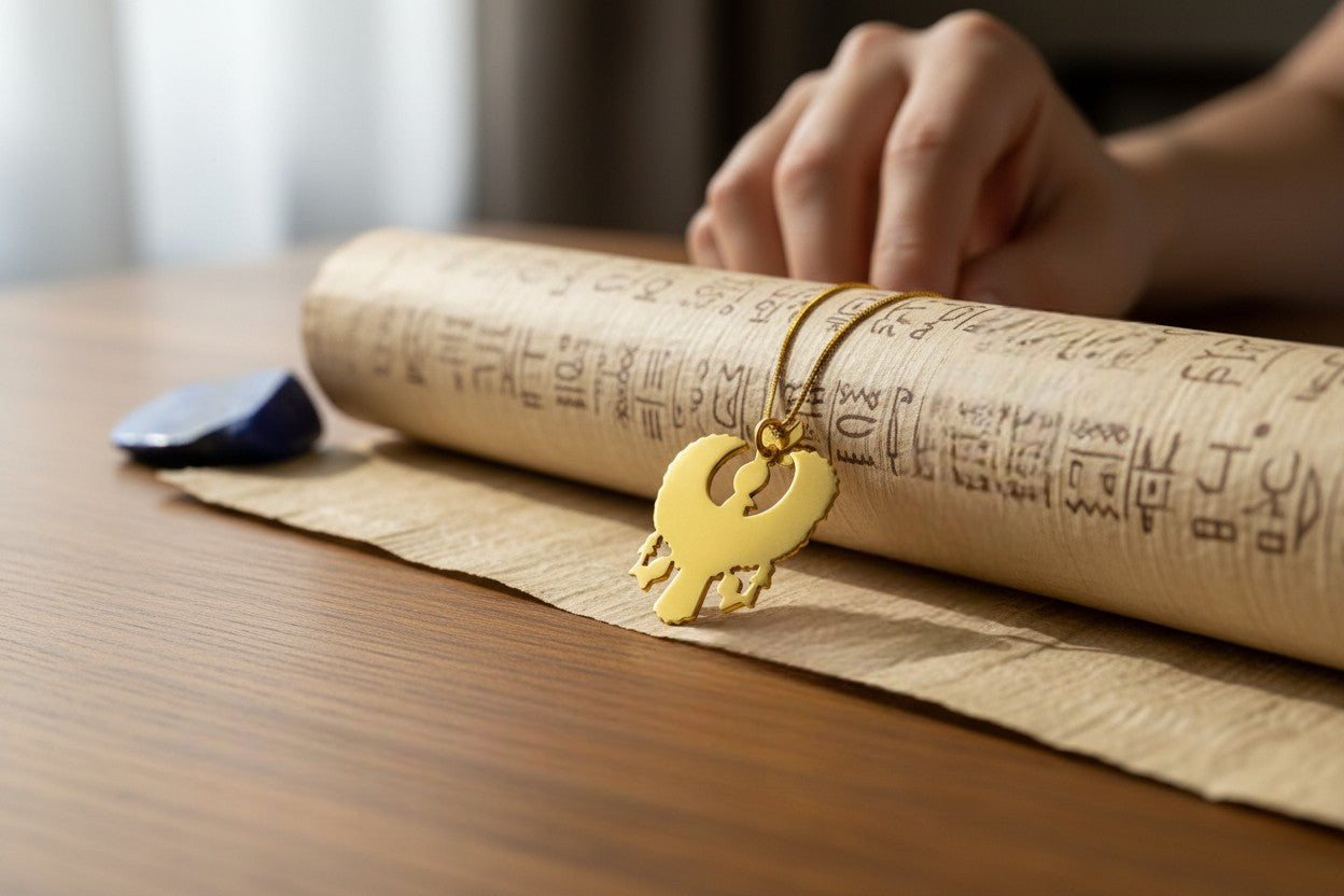 Gold God Horus Large Enamel Pendant, Egyptian Revival Talisman Necklace