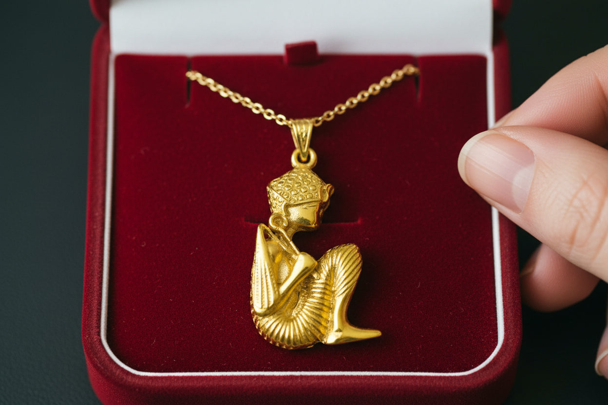 Gold King Tut Ankh Amulet Pendant, Egyptian Revival Jewelry