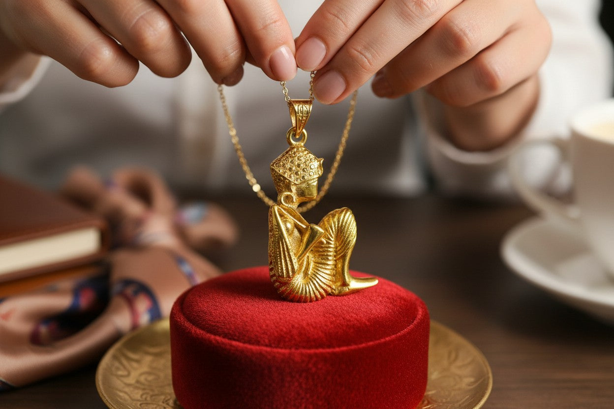 Gold King Tut Ankh Amulet Pendant, Egyptian Revival Jewelry