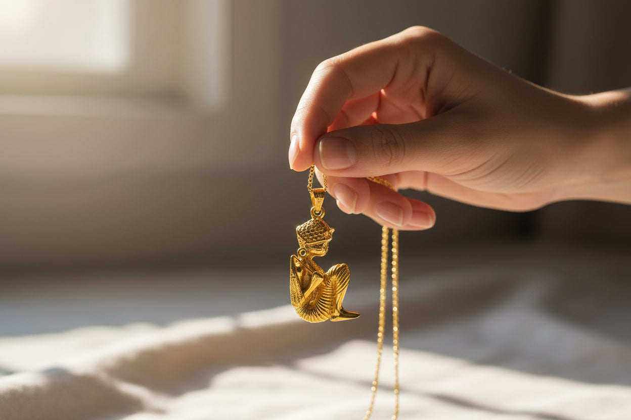 Gold King Tut Ankh Amulet Pendant, Egyptian Revival Jewelry