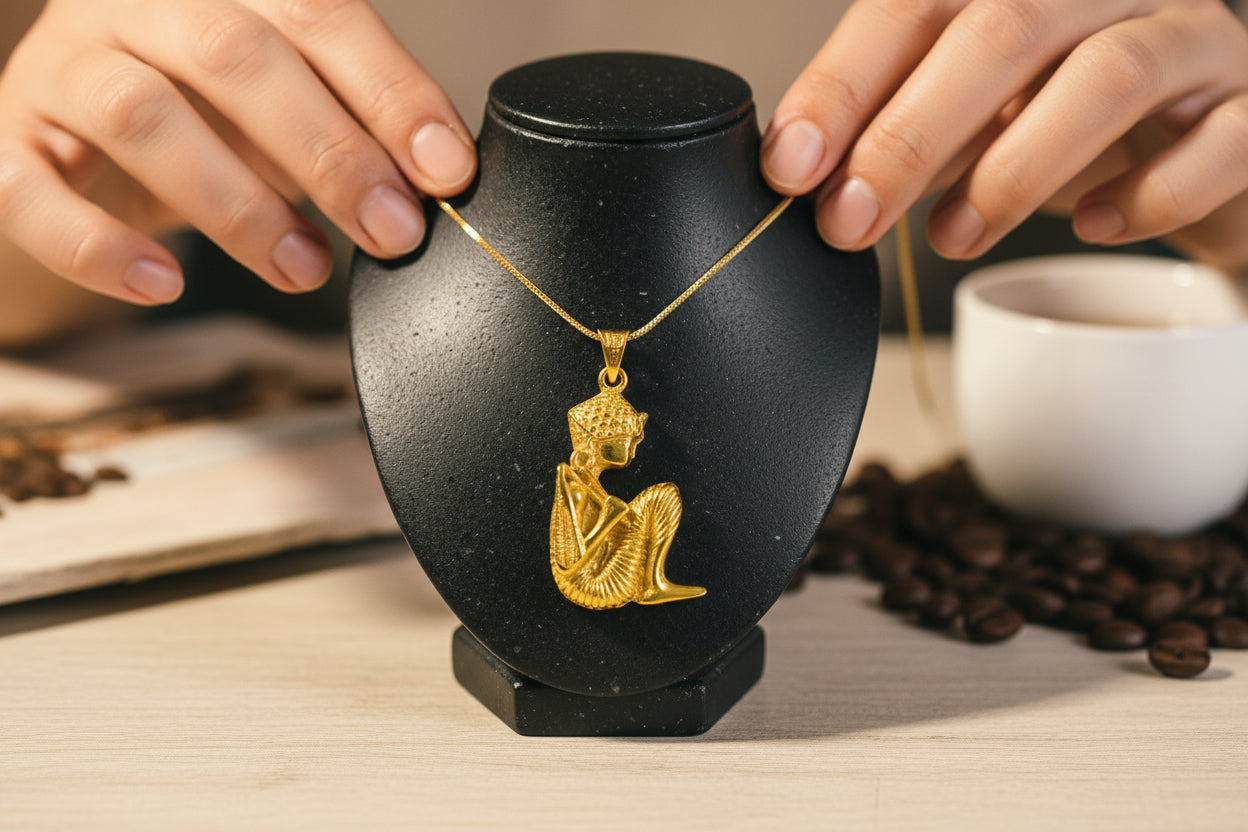 Gold King Tut Ankh Amulet Pendant, Egyptian Revival Jewelry