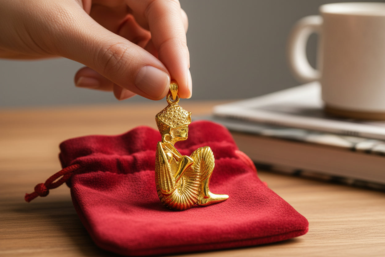 Gold King Tut Ankh Amulet Pendant, Egyptian Revival Jewelry