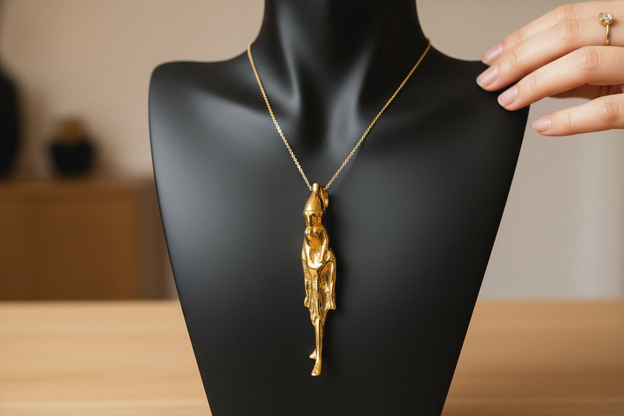 Gold God Horus Statue Pendant, Egyptian Revival Necklace