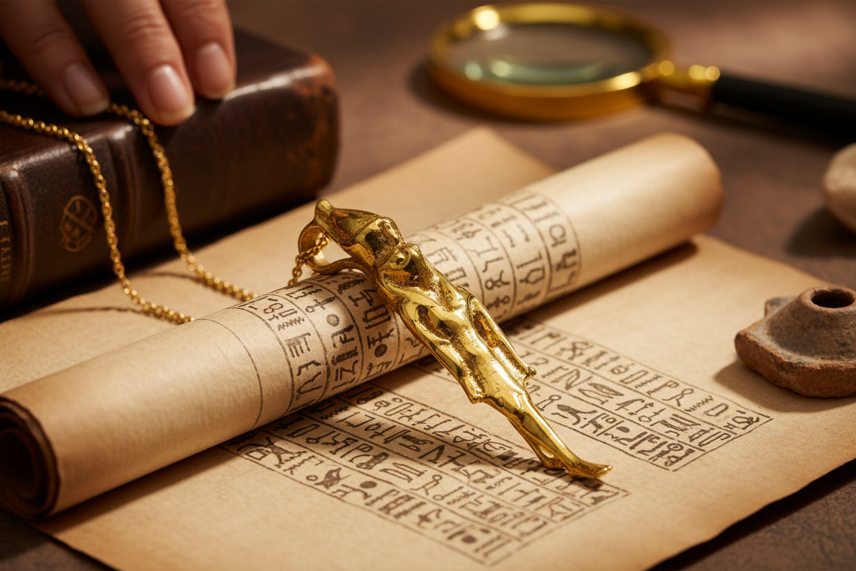 Gold God Horus Statue Pendant, Egyptian Revival Necklace