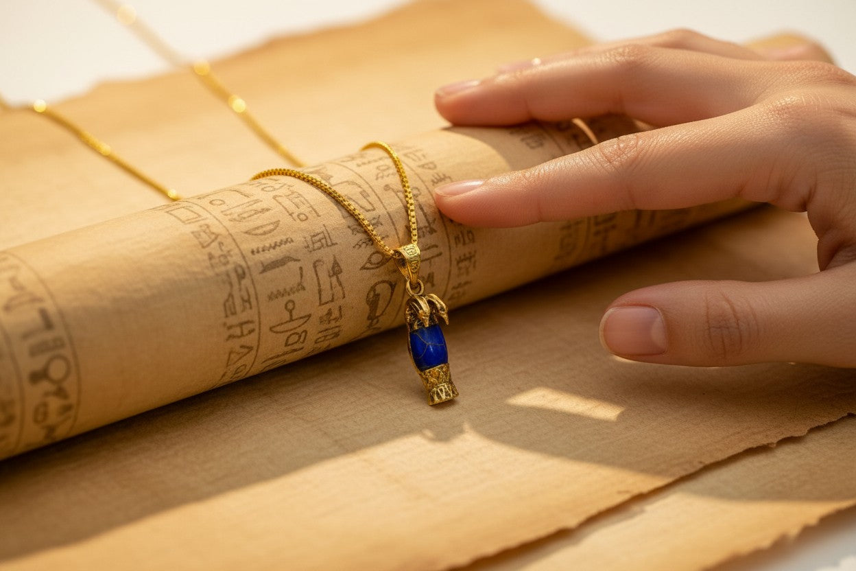 Ancient Egyptian Lapis Lazuli & Gold Pendant, Ramses II Cuff-Inspired Necklace, Regal Egyptian Amulet