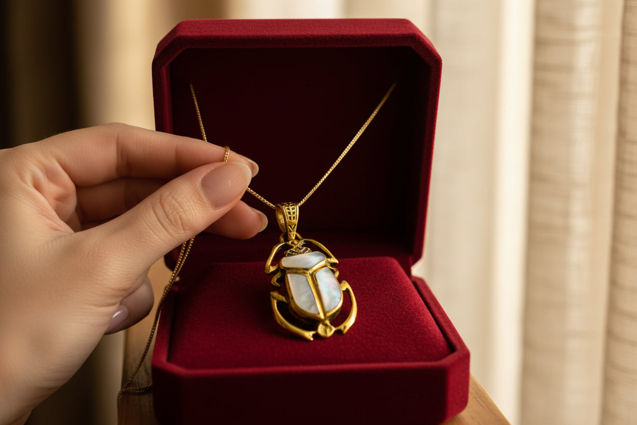 Gold Scarab Pendant Necklace, Mother of Pearl Egyptian Revival Jewelry