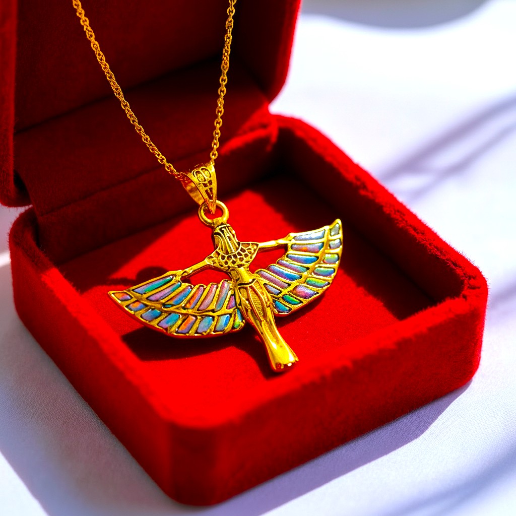 Pink Opal Unique Gold Winged Goddess Isis Pendant Necklace, Egyptian Jewelry Gift