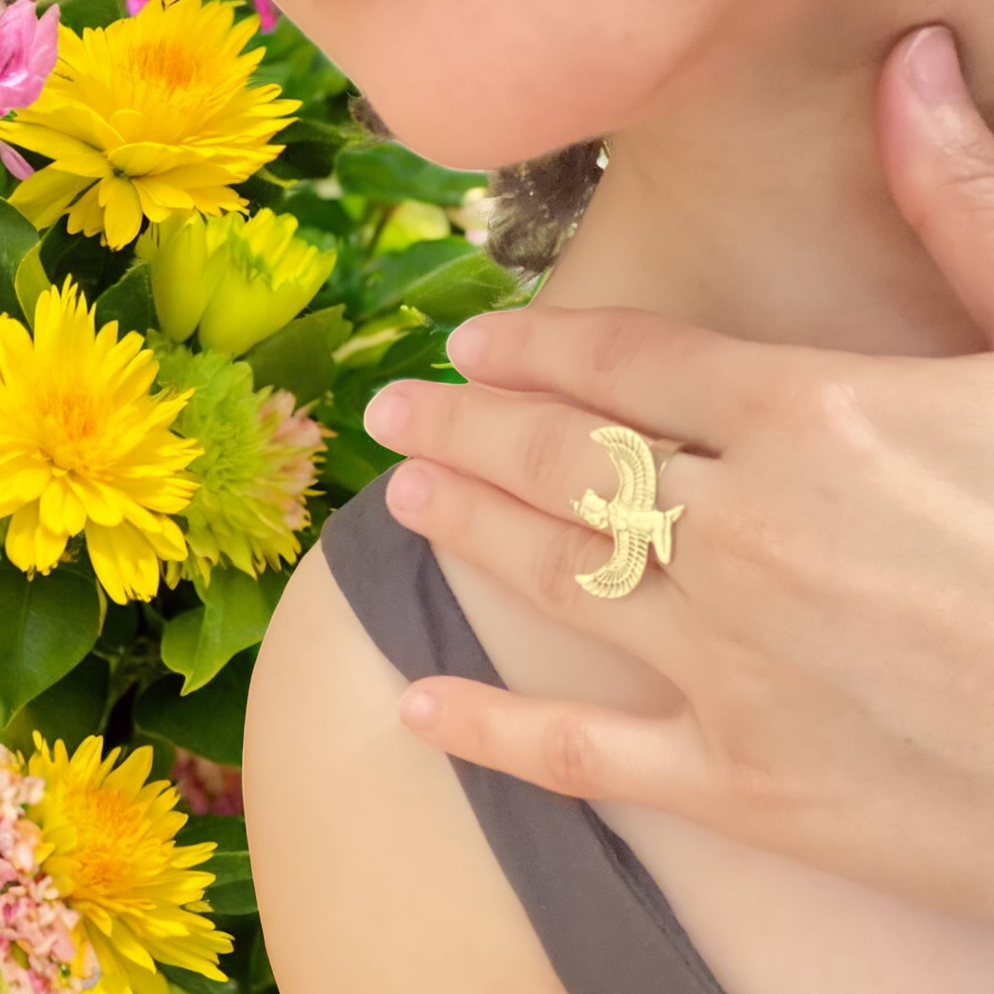 Gold Goddess Maat Ring, Egyptian Talisman, Adjustable Band