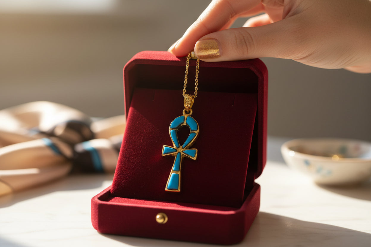 Gold Ankh Turquoise Pendant Necklace, Egyptian Key of Life Talisman