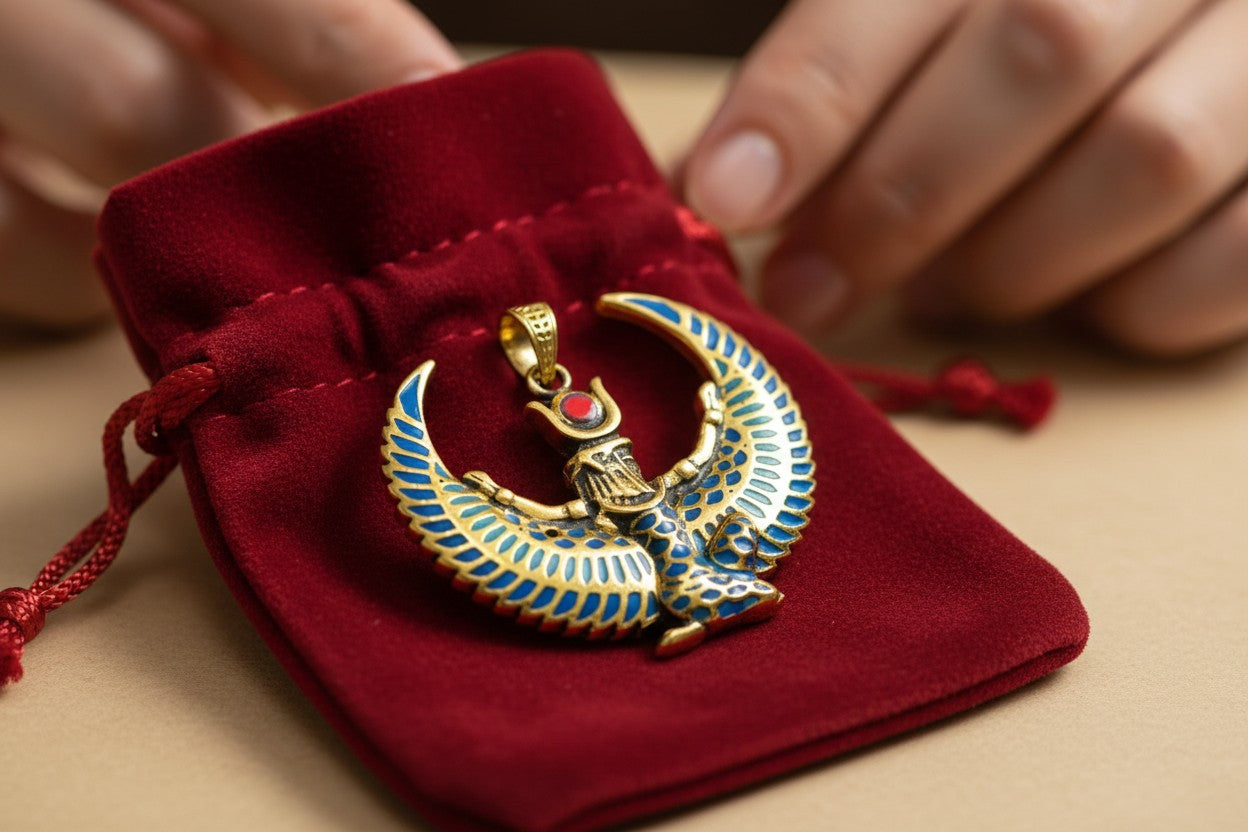 Large Gold Winged Goddess Isis Pendant Necklace, Winged Egyptian Goddess, Egyptian Jewelry, Divine Pendant, Gift for Men and Women