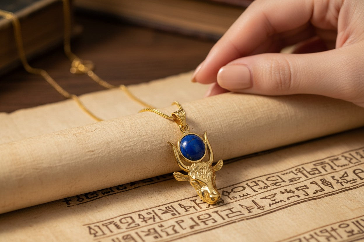 Gold Hathor Cow Head Lapis Lazuli Necklace, Egyptian Goddess Spiritual Talisman Jewelry