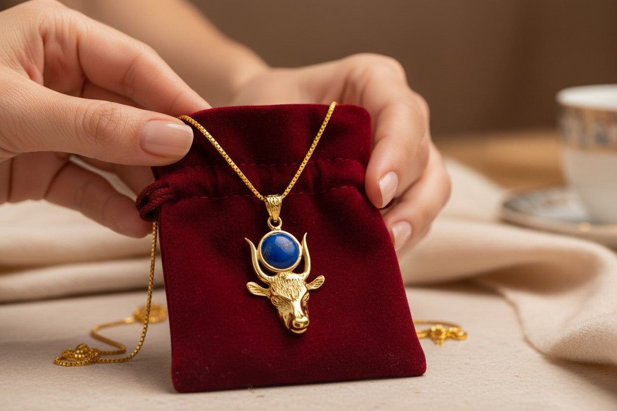 Gold Hathor Cow Head Lapis Lazuli Necklace, Egyptian Goddess Spiritual Talisman Jewelry